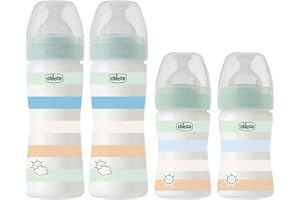 Chicco Juego de biberones anticólicos Uni, 4 unidades desde el nacimiento hasta los 6 Mo."Mama" tetina de silicona 0 m + y 2 m +, 2 x 150 ml y 2 x 240 ml, fabricado en Italia