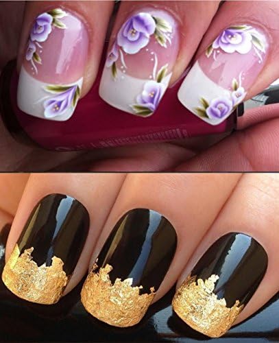 NAIL DECALS WATER TRANSFERS STICKERS ART SET #9. PLUS GOLD LEAF SHEET FOR CUSTOM DESIGNED NAIL! PURPLE WHITE FLOWERS &amp; LEAVES WRAPS &amp; STUNNING 24KT GLIZZY GOLD LEAF FOR FULL HOLLYWOOD NAILS! ALL CAN BE USED WITH NATURAL GEL ACRYLIC STICK ON NAILS! USE ALONE OR WITH GLITTER DUST CAVIAR BEADS ALLOYS DECORATIONS CONFETTI FIMO SHAPES TAPE PENS RHINESTONES - GET CREATIVE!