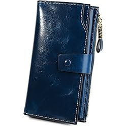 YALUXE Femme Portefeuille en Cuir Ciré Porte Cartes Blocage RFID Grande Capacité Luxueux Simple Bleu