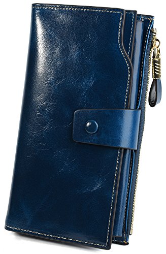 YALUXE Femme Portefeuille en Cuir Ciré Porte Cartes Blocage RFID Grande Capacité Luxueux Simple Bleu