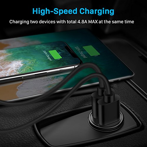 Caricabatteria auto USB 4.8A Caricatore adattatore universale 2 Porte Super Mini Alluminio macchina per iPhone, iPad, Tablet, Smartphone e gli altri dispositivi USB (Nero) (1 confezione)