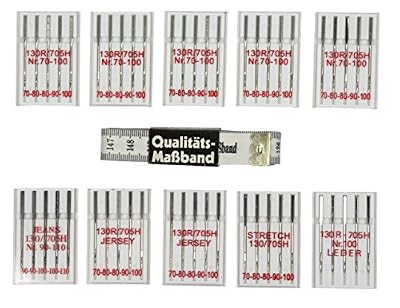 Faden & Nadel Kit de 50 aiguilles pour machine à coudre : aiguilles jeans, jersey, stretch, cuir & universelles + Mètre ruban de tailleur blanc
