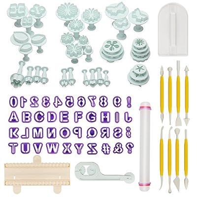 Aoafun 88pcs Fondant Sugarcraft Cake Décoration Plunger Cutters Icing Modeling Tool Kit Set avec Rolling Pin, Smoother, Embosser Mold Mold Tools