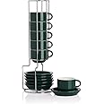 Sweejar Porcelain Espresso Cup & Saucer Set, Stackable Demitasse Cups with Metal Stand, 2.5 OZ for Latte,Coffee,Cafe Mocha,Tea, Set of 6 (Jade New)