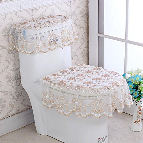 MKSFY Toilet Seat Cover Continental Lace Bathroom 3-Piece Universal Waterproof Zipper Antibacterial Ring, Chocolate Embroidery (Coffee)