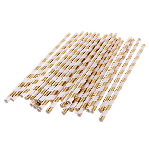 MagiDeal Papier Trinkhalm Biologisch Papier Stroh, 25 Stück - Weiß Gold, 20cm
