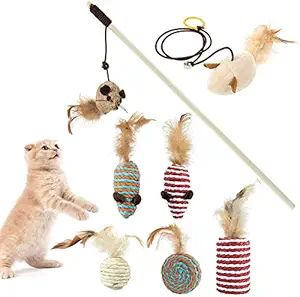 Petlicious & More Cat Interactive Plush Toy Gift Set for Cat,Sisal Ball and Mouse Toy with Bell and Feather Cat Stick (Set of 7)