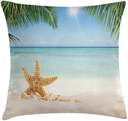 Ocean Throw Pillow Cushion Cover Graphic of Summer Sandy Beach with Majestic Starfish on Tropical Hawaiian Beach Decorative Square Accent Pillow Case 18 X 18 Inches