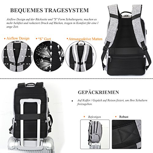 DTBG leichtgewichts Rucksack mit USB Anschluss Business Backpack l  ssiger Arbeit Rucksack Studenten Schule Rucksack mit Anti-Diebstahl Tasche Laptop 
