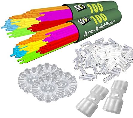 KNIXS 200 Premium Arm Glow Stick Sets Colour Mix incl. 2D Connector Circle Connector Hole Connector Quality Goods 20 cm Plastic 6 Colour Mix 20 x 0.5 cm Units