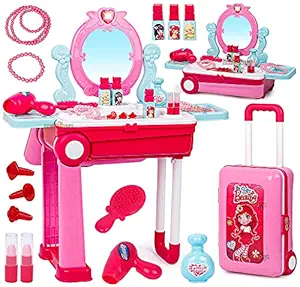 Zest 4 Toyz Beauty Makeup Kit for Doll Girls Cosmetic Set 2 in 1 Vanity Table Portable Trolley Pretend Play Set Toy with Make up Accessories for Kids Plastic (Pink) 21 Pieces