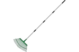 KPUY Rastrillo de jardín de acero para césped, rastrillo telescópico para hojas/césped, mango ajustable de 98 cm a 165 cm, 25 dientes, cabeza de acero duradero y guantes de jardín para una limpieza