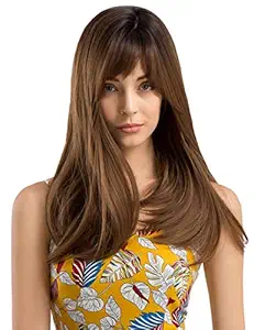 LUSH LOCKS Synthetic Wigs with Bangs Long Straight Brunette Wig Natural Look Realistic Wig For Women and Girl (Brown )