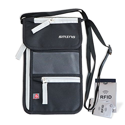 SMING Bolsa viajera Porta Pasaporte de cuello con Bloqueo RFID - Cartera compacta de cuello