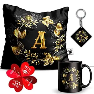 KivStar A Alphabet Letter Printed Mug+Cushion with Filler,Card,Keychain,Gift for Love,Birthday ,Wife, Husband, Girlfriend Boyfriend,Kids,Brother,Sister on Birthday (Mug&Pillow,Keychain,Card)