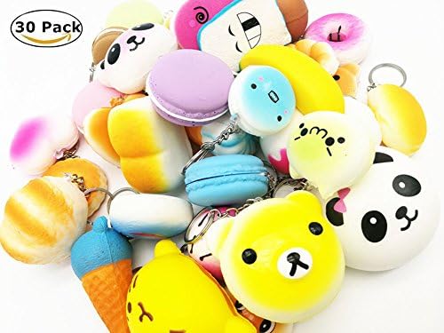 30 Pcs Squishy Key Chains Value Pack, Mixed Small & Medium Squishy Toys for kids gift, Party favors, Random Donuts, Bread, Sushi, Macaroon, Bun, etc.