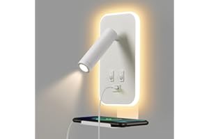 Awekliy Applique murale LED, liseuse de chevet avec interrupteur, Avec port de chargement USB et plateau pour téléphone,Éclairage d'ambiance de la chambre(lumière naturelle 3W+lumière chaude 9W) Blanc