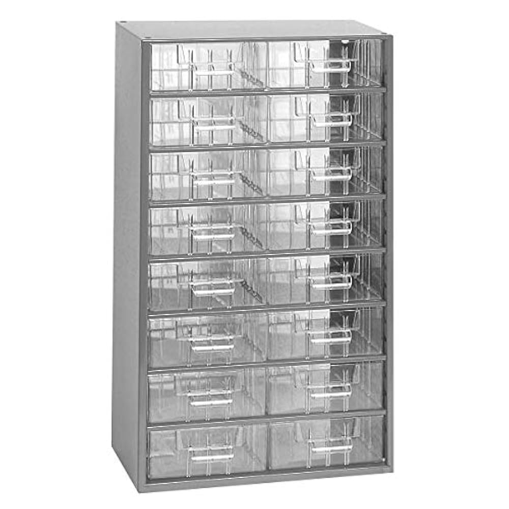 Schubladenmagazin, Schubladen glasklar - HxBxT 551 x 306 x 155 mm, 16 Schubladen - Gehäuse lichtgrau - Klarsichtmagazin Kleinteilemagazin Lagersystem Magazin Magazinschrank Schubladenmagazin Schubladenschrank Schubladensystem