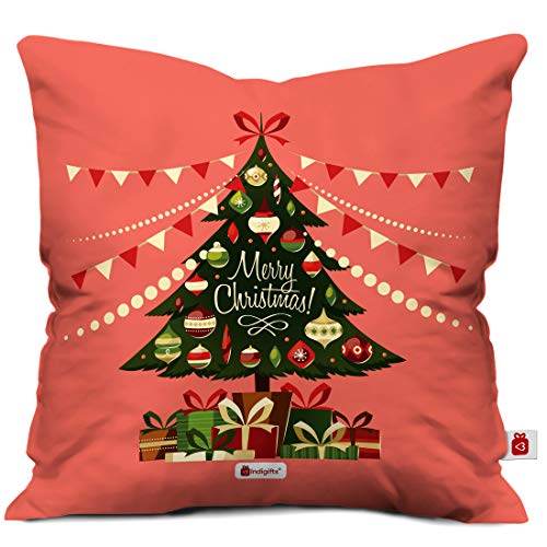 Indigifts Christmas Tree Print Light Red Cushion Cover 12x12 with Filler (Xmas Gift for Her, Him, Boy, Girl, Dad, Mom, Friends, Family) - Christmas Decorations