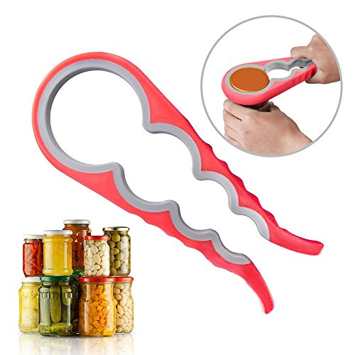 HooYL 4-in-1 Flaschenöffner Deckelöffner mit Gummioberfläche für mehrere Größen (Rot)