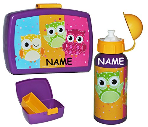 2 tlg. Set: Brotdose + Trinkflasche - " lustige Eulen " - mit extra Einsatz - Brotbüchse Küche Essen für Mädchen Kinder Vesperdose Lunchbox - Eule lila Brotkasten für Vesper Frühstück Brotzeitdose / Brotzeitbox - Fach - Fächer / Einlagefach