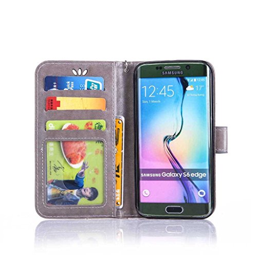 Galaxy S6 Edge Hülle Ledertasche [mit Frei Hartglas Displayschutzfolie], KKEIKO® Schutzhülle PU Leder Tasche Hülle Case für Samsung Galaxy S6 Edge, Wickelfalz Handyhülle mit Bändselloch Standfunktion Karteneinschub und Magnetverschluss, Kratzfeste Lederhülle Flip Wallet (Grau #6) - 4