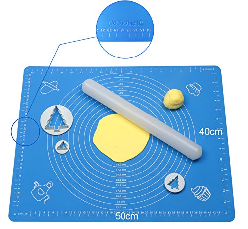ilauke DIY Silikonpad Teigmatte 50*40cm mit Größe Zeichnen und Teigroller 33cm Ausrollstab Silikon-Arbeitsmatte Fondant ausrollen Tortendeko Ausstecher Ausstechform Modellierwerkzeug (set blau) - 3