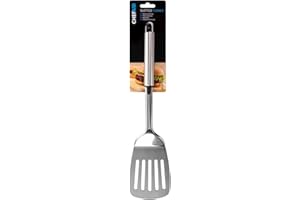 Chef Aid Stainless Steel Slotted Turner, Ideal Spatula for kitchen and BBQ, Slots allow for grease and oil drain before transfer fitted with easy store hanging loop, Dishwasher Safe, Silver, 28cm long