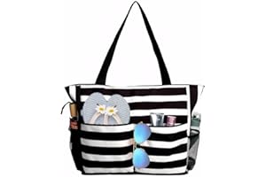 Aieino Large Beach Bag for Women, Foldable Handbag Water Resistant Tote with Mesh Pocket Zipper Shoulder Bag Lightweight Summer Essentials for Travel, Holiday, Shopping, Gym, Casual
