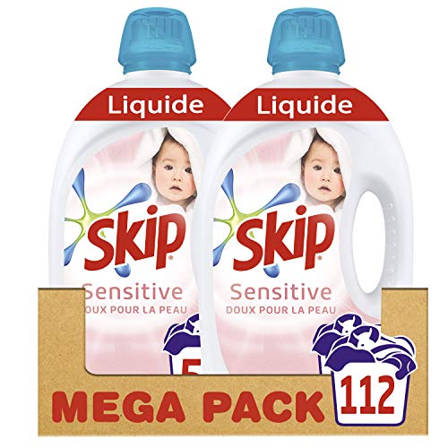 Skip Lessive Liquide Sensitive Hypoallergénique, Spécial Bébés & Peaux Sensibles 112 Lavages (Lot de 2x56 Lavages)