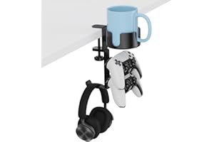 Yiomxhi 3 in 1 Kopfhörer Ständer Controller Halter & Getränkehalter, Drehbar Headset Halterung Tisch, Universal Kopfhörerständer Becherhalter Gaming Zubehör, Schwarz