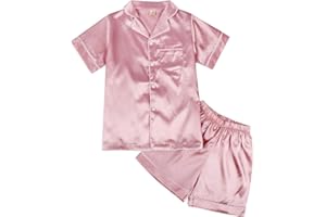 Miyanuby Girls Boys Pyjamas Set Button-up Silk Satin Pajamas Sleepwear Nightwear 2 Pieces Clothes Set Gifts for Baby Girls Boys
