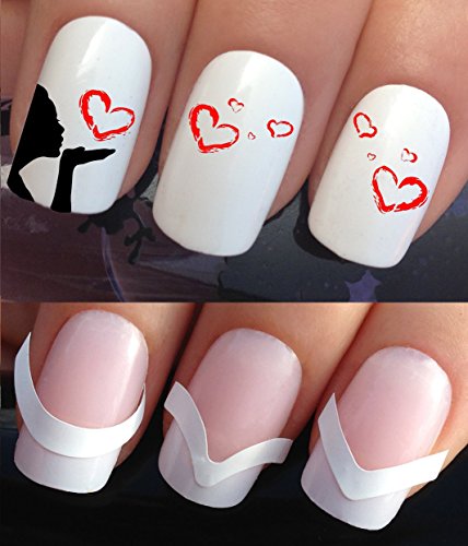 WATER NAIL TRANSFERS DECALS STICKERS ART SET #618 & 172. **plus x48 nail tip guides!!** x24 SENDING YOU MY LOVE GIRL BLOWING HEARTS TATTOO WRAPS & x48 FRENCH MANICURE TIP GUIDES! CAN BE USED WITH NATURAL GEL ACRYLIC STICK ON NAILS! OR WITH GLITTER DUST CAVIAR BEADS ALLOYS DECORATIONS CONFETTI FIMO SHAPES TAPE PENS RHINESTONES!