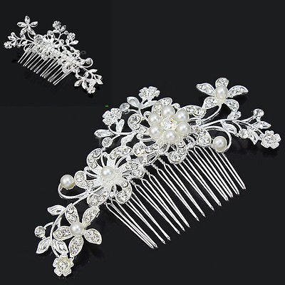 Haarspange Braut Hochzeit Blumen Schmucksteine Kristall Perlen – Silber, M - 3