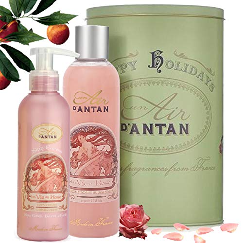 Un Air d'Antan® Cofanetto alla Francese Rose per Donna - 1 Gel Doccia Idratante 250ml e 1 Crema Corpo Nutriente 200ml- Profumo ai Petali di Rosa, Pesca, Buono Idea Regalo di Natale Donna, Compleanno