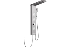 ROVOGO LED Duschpaneel ohne Armatur, 4 Funktionen Duschpaneel mit Regendusche, Massagedüsen, Handbrause und Wanneneinlauf, Schmal Duschsäule Edelstahl, Gebürstet
