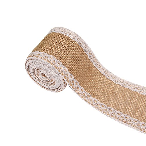 iShine Natürlichen Hessischen Sackleinen Vintage Leinwand Jute Band Handwerk Farbband mit Lace Ribbon Hochzeit Hochzeitstorte Deko DIY (5cm*5m)
