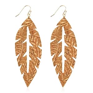 RIAH FASHION Bohemian Delicate Thin Metallic Lightweight Cutout Drop Earrings - Filigree Hook Dangles Petal Leaf, Tree of Life, Cork (Cork Leaf Cutout - Light Brown)