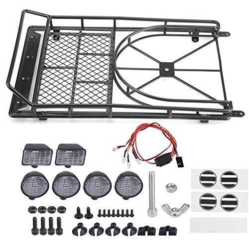 Preisvergleich Produktbild Dilwe RC Auto-Dachgepäckträger, Metalldachgepäckträger-Gepäckträger mit 4 LED-Lichtern für Axial SCX10 1 / 10 Skala( Schwarz)