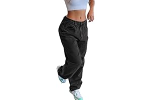 CAUYDY Damen Cargohose Baggy Low Waist Cargo Jeans Gerade Breites Bein Denim Hosen Y2k Aesthetic Vintage Jeanshosen 90er Streetwear Jeanshose Straight Leg Pants Loose Fit Boyfriend Pants Mädchen