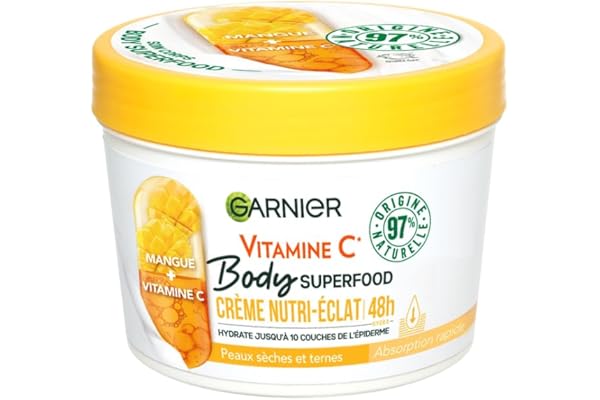 Garnier Body Superfood - Crème Corps Nutri-Éclat - Vitamine C & Mangue - 100H d'Hydratation - 97% d'Ingrédients d'Origine Naturelle - Pour Tous Types de Peaux - 380 ml