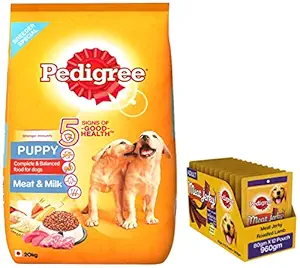 Pedigree Puppy Dry Dog Food, Meat & Milk, 20kg Pack & Adult Dog Treat Sticks Meat Jerky Stix, Roasted Lamb, 12 Packs (12 x 80g)