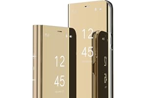 COTDINFOR Huawei Mate 10 PRO Custodia Placcatura Specchio Clear View Standing Cover Slim Mirror Flip Portafoglio Antiurto Case con Funzione Stand per Huawei Mate 10 PRO Mirror PU Gold MX.