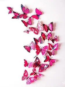Pindia PVC DIY 3D Butterfly Home Wall Decor Magnet Sticker for Living and Study Room, Fridge, AC, Nursery Decoration(Pink) - Set Of 12