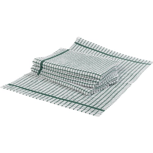 Terry Check 100% Cotton Pack of 5 Tea Towels Absorbent Checked Catering Kitchen Cloths (White with Green Check)