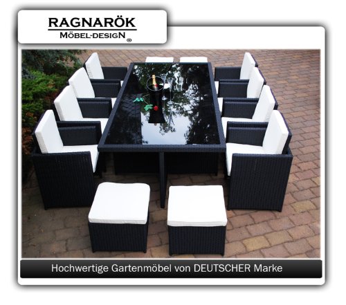 PolyRattan Essgruppe DEUTSCHE MARKE -- EIGNENE PRODUKTION Tisch + 8x Stuhl & 4x Hocker 7 Jahre GARANTIE Garten Möbel incl. Glas und Sitzkissen Ragnarök-Möbeldesign (schwarz) Gartenmöbel