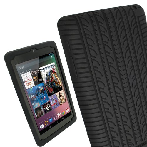 igadgitz Schwarz Silikon Skin Tasche Hülle Etui Case Cover mit Reifenprofil Reifen Profil für Google Nexus 7 2012 1.Generation Android 4.1 Tablet 8GB 16GB + Displayschutzfolie (Nicht geeignet für 2. Generation veröffentlicht am August 2013)