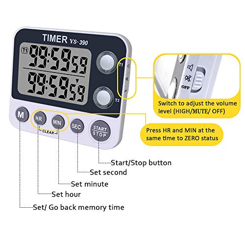 XREXS Digitaler Dual Küchentimer, Alarm Einstellbar Volumen Timer, Kochen Timer, Stoppuhr, Große LCD Anzeige Count Up Down Timer für Blinken Meeting Klasse, Magnetische RÜckseite, Batterien Enthalten - 3