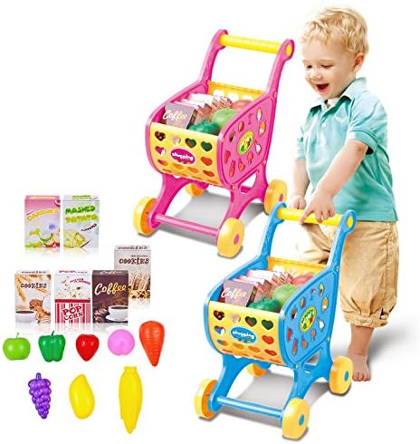 FomCcu Shopping Cart Trolley Toy Simulate Supermarket with Vegetables Fruits Pretend Play for Kid Christmas Gift Blue