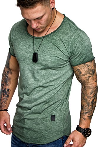 Amaci&Sons Oversize Herren Vintage T-Shirt Verwaschen Crew Neck Rundhals Basic Shirt 6033 Khaki M
